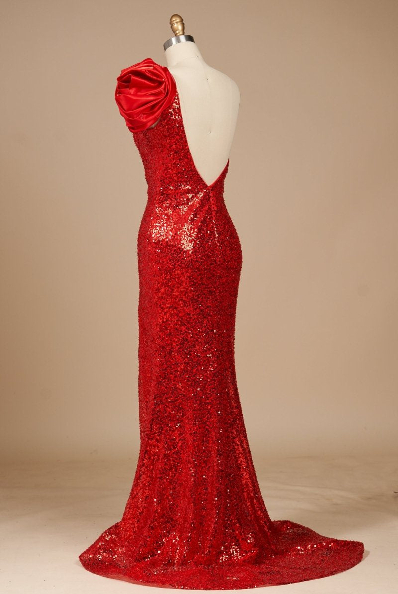 Evyra | Red - One Shoulder Mermaid Sequins Long Formal Prom Dresses With Flower - KissProm