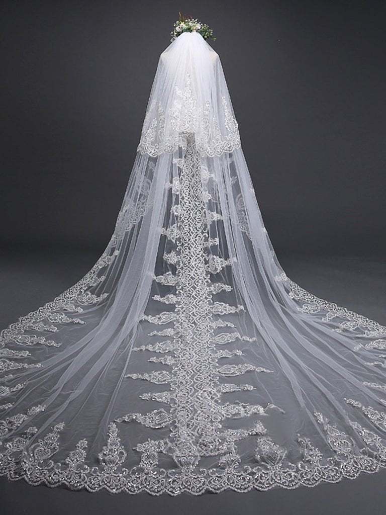 Exquise Floral Lace with Shaped Edge Cathedral Veil Bridal Veil Wedding Veil - KissProm