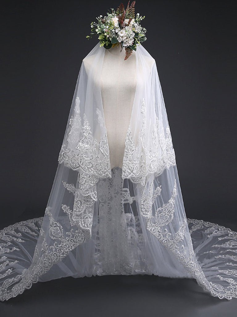 Exquise Floral Lace with Shaped Edge Cathedral Veil Bridal Veil Wedding Veil - KissProm