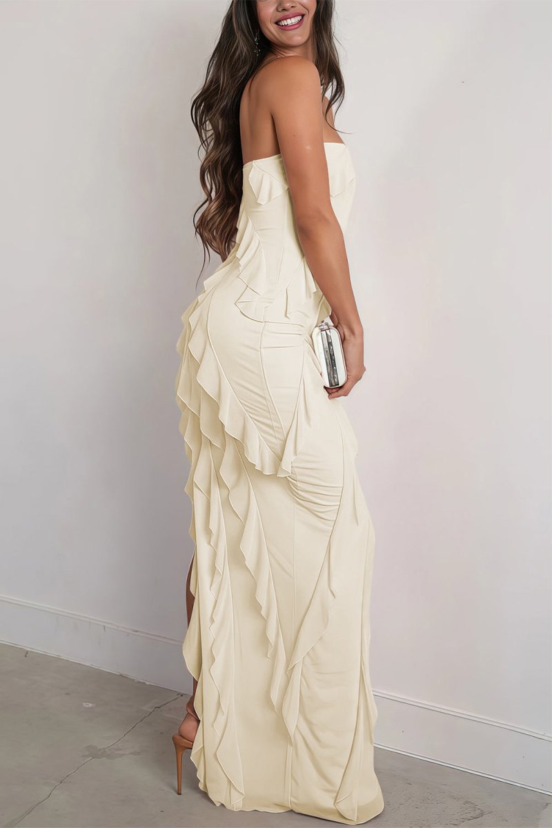 KissProm-Eylin Ivory Sheath Strapless Chiffon Long Prom Dresses With Ruffles