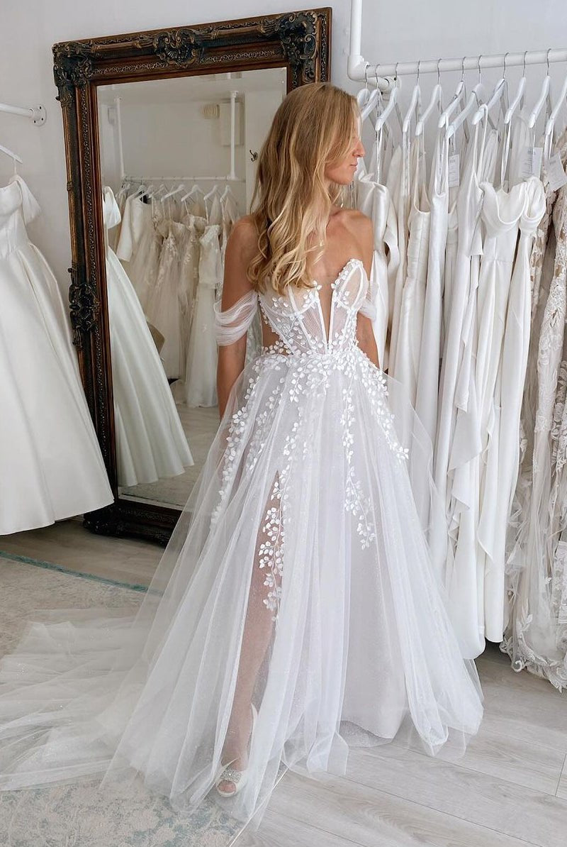 A - Line Sweetheart Tulle Appliques Wedding Dresses - KissProm