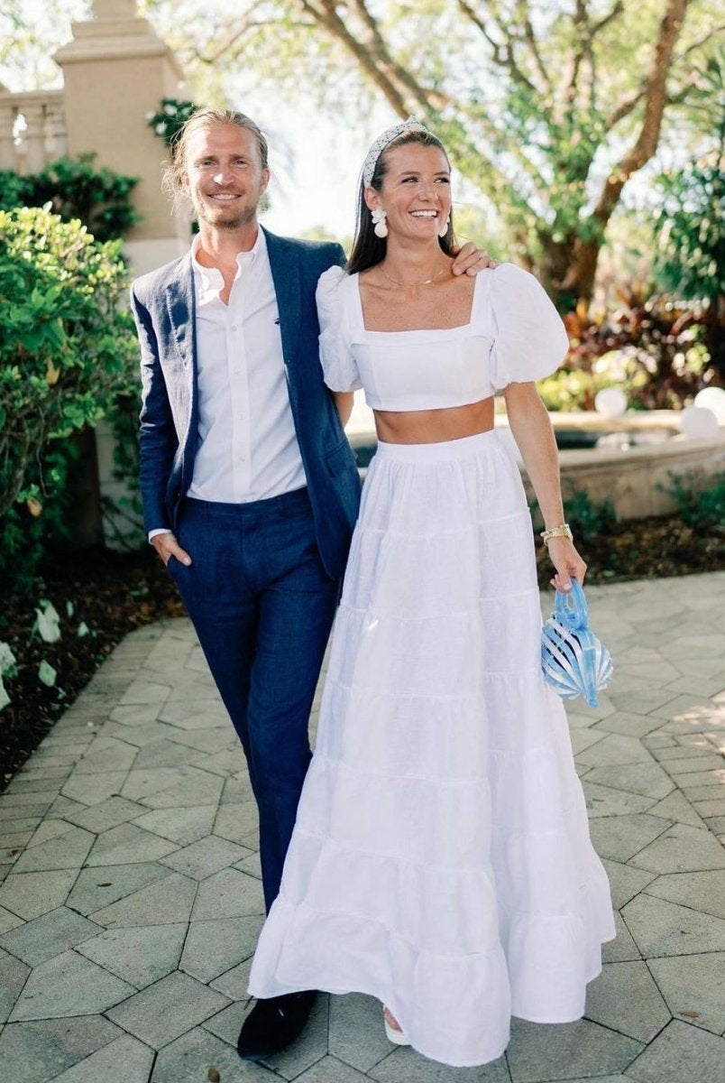 Genevieve | A Line Two Piece Square Neck Satin Long Wedding Dresses