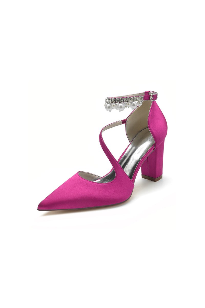 White Satin Heels with Cross - Strap Design and Pearl - Accented Buckle - KissProm