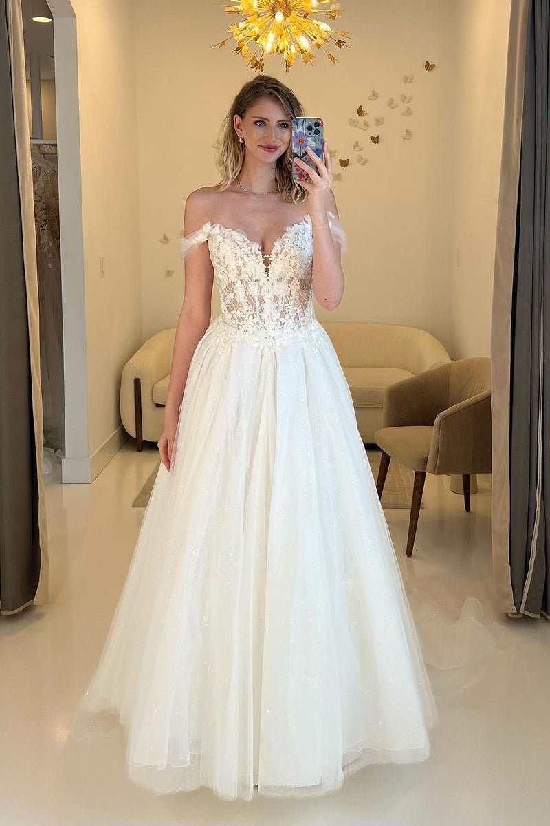 A-Line Off the Shoulder Tulle Wedding Dresses with Appliques
