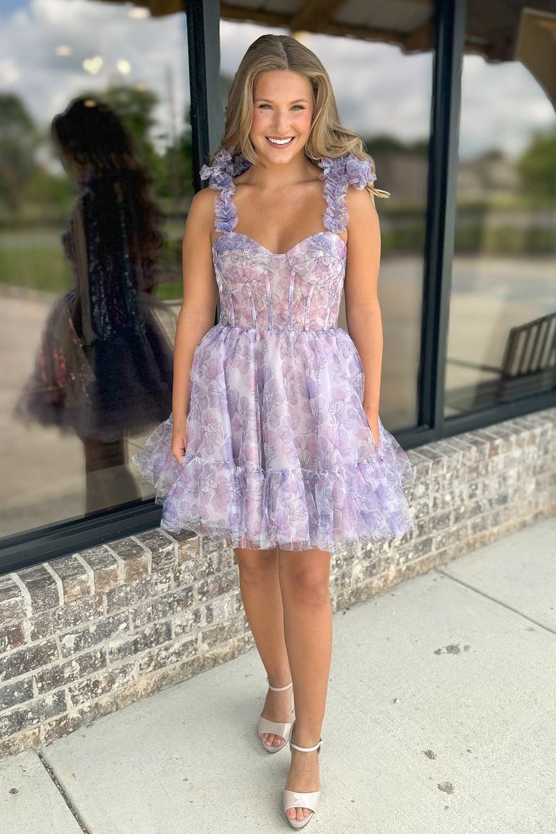 Xella | Cute A - Line Sweetheart Lavender Floral Printed Short Homecoming Dresses - KissProm