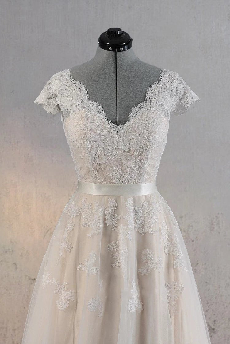 Cap Sleeve V-Neck Lace Wedding Dress With Tulle Skirt and V-Back