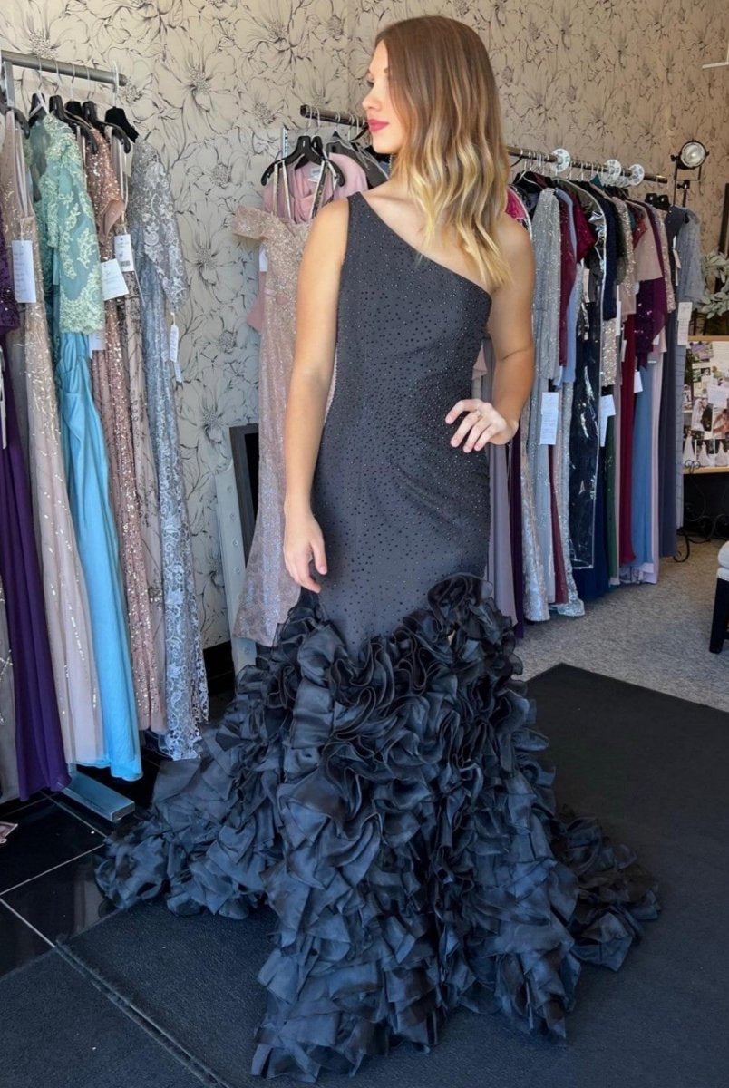 Mermaid Black One Shoulder Tiered Seqins Long Prom Dress - KissProm