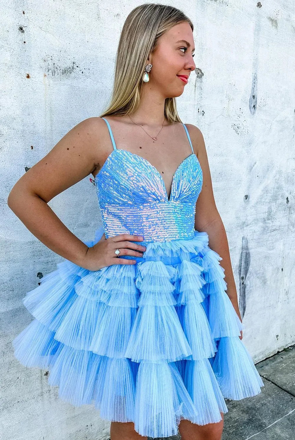 Lavender Sequin V-Neck Ruffle Tiered Short Homecoming Dress