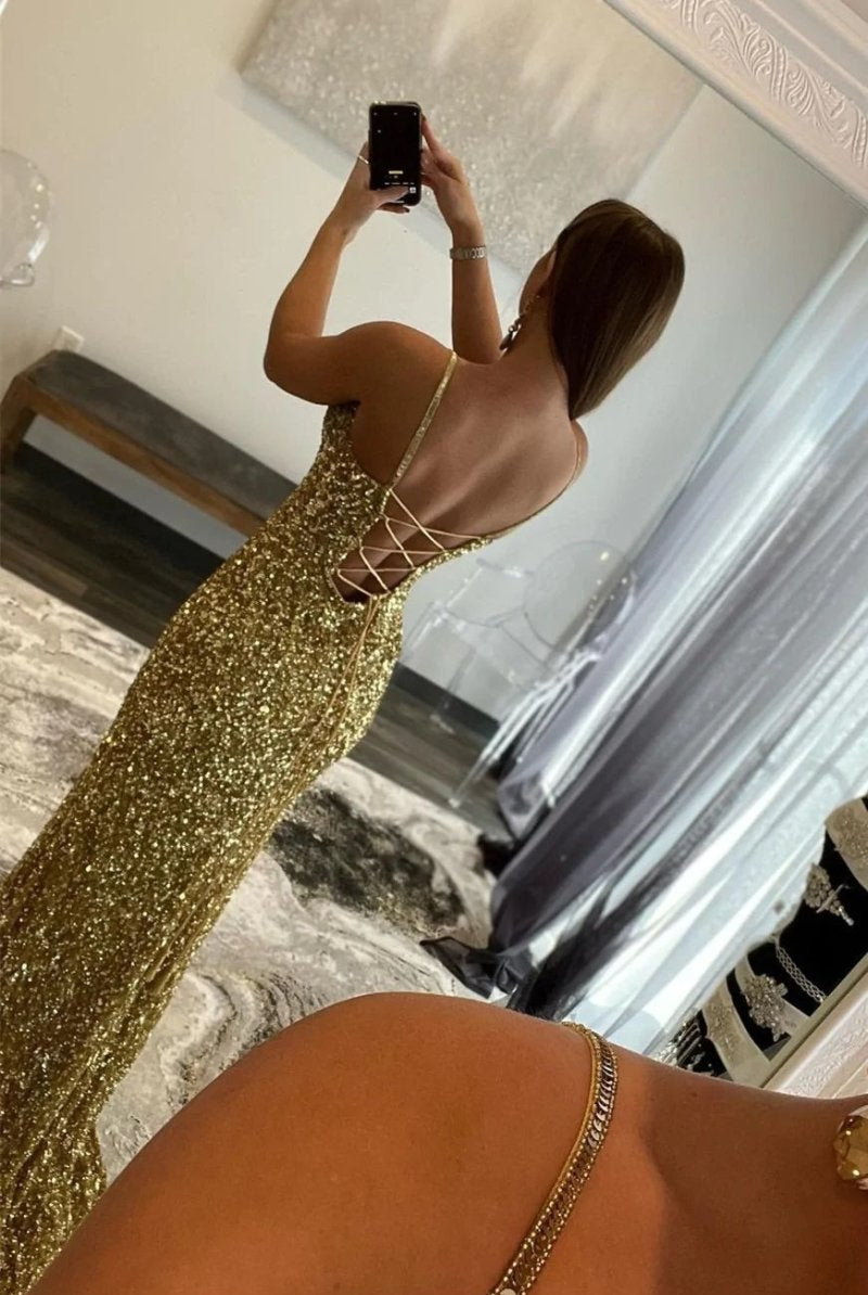 Arlene | Charming Mermaid V Nekc Gold Sequins Long Prom Dresses with Slit - KissProm