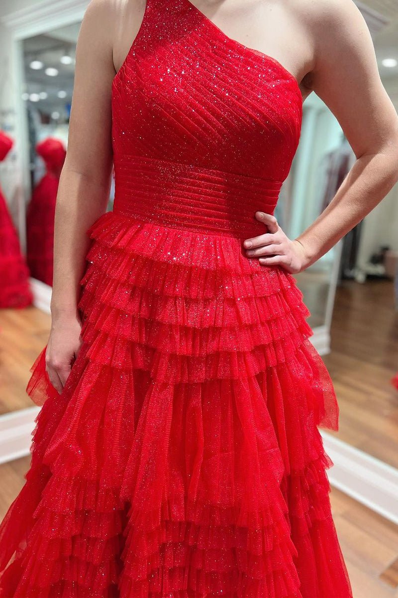 Sparkly Red One Shoulde Ruffle Tulle A - Line Long Prom Dresses - KissProm