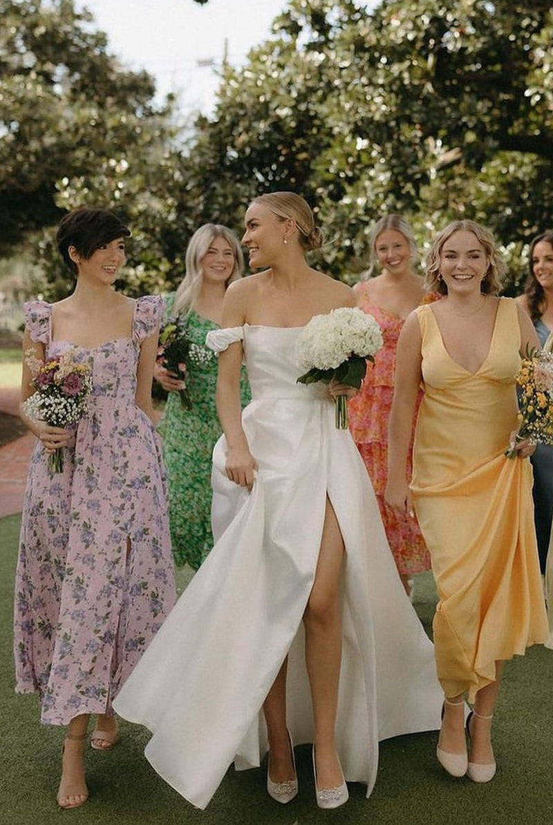 A-Line Satin Off the Shoulder Wedding Dresses with Slit