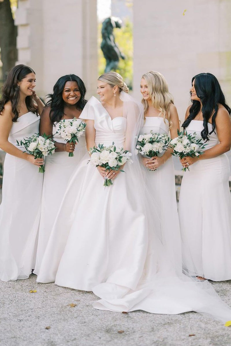 Elegant A - Line One Shoulder White Satin Wedding Dresses - KissProm