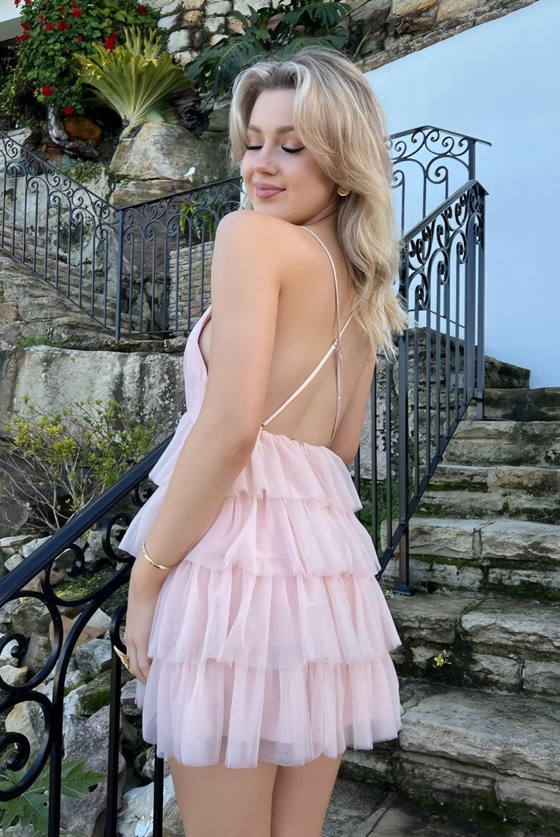Falin | Pink - V Neck A Line Tulle Tiered Short Homecoming Dresses