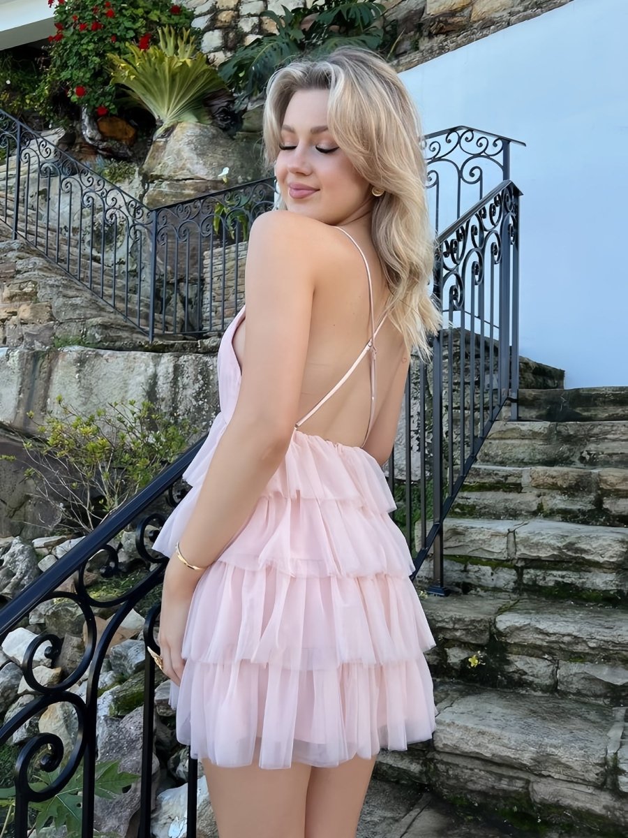 Falin | Pink - V Neck A Line Tulle Tiered Short Homecoming Dresses