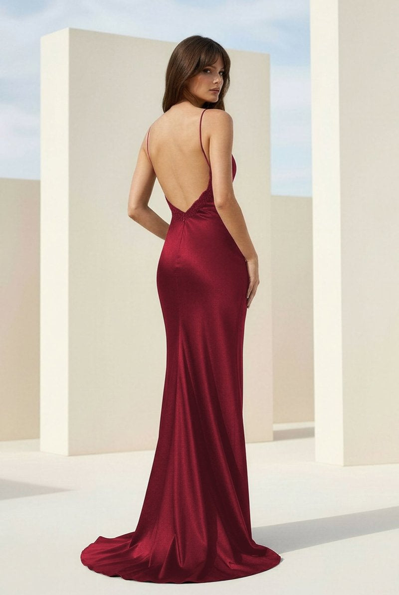 Falisse | Black - Spaghetti Straps Mermaid Satin Backless Prom Dresses With Beading - KissProm