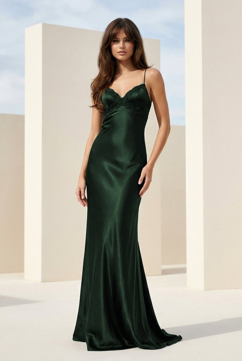 Falisse | Black - Spaghetti Straps Mermaid Satin Backless Prom Dresses With Beading - KissProm