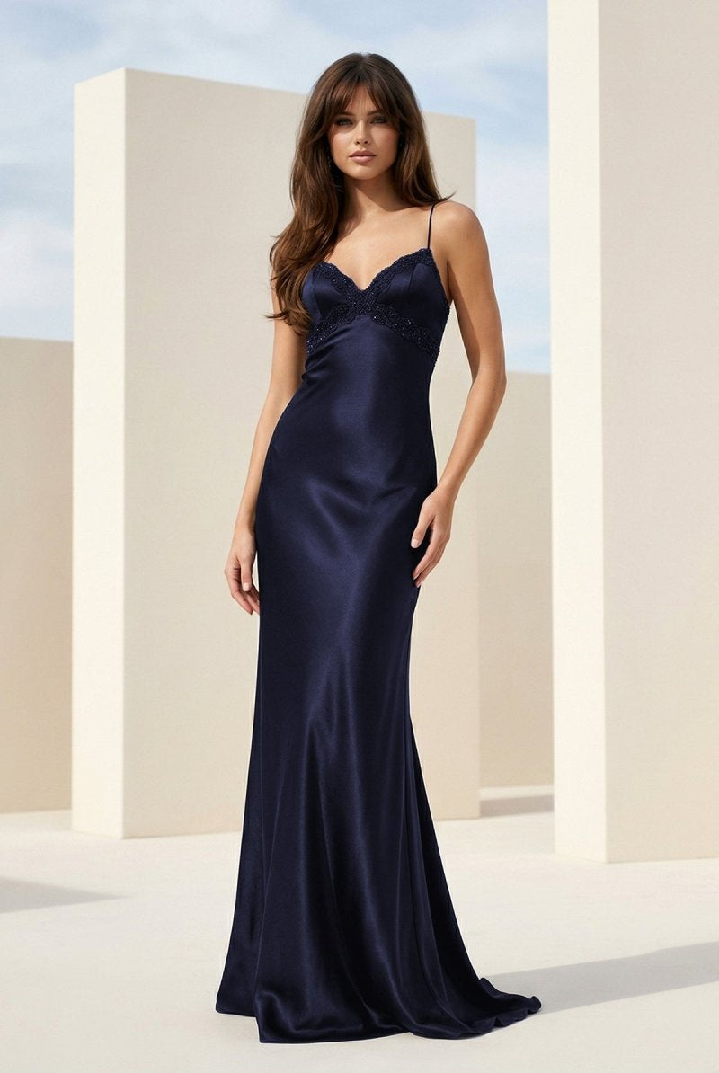 Falisse | Black - Spaghetti Straps Mermaid Satin Backless Prom Dresses With Beading - KissProm