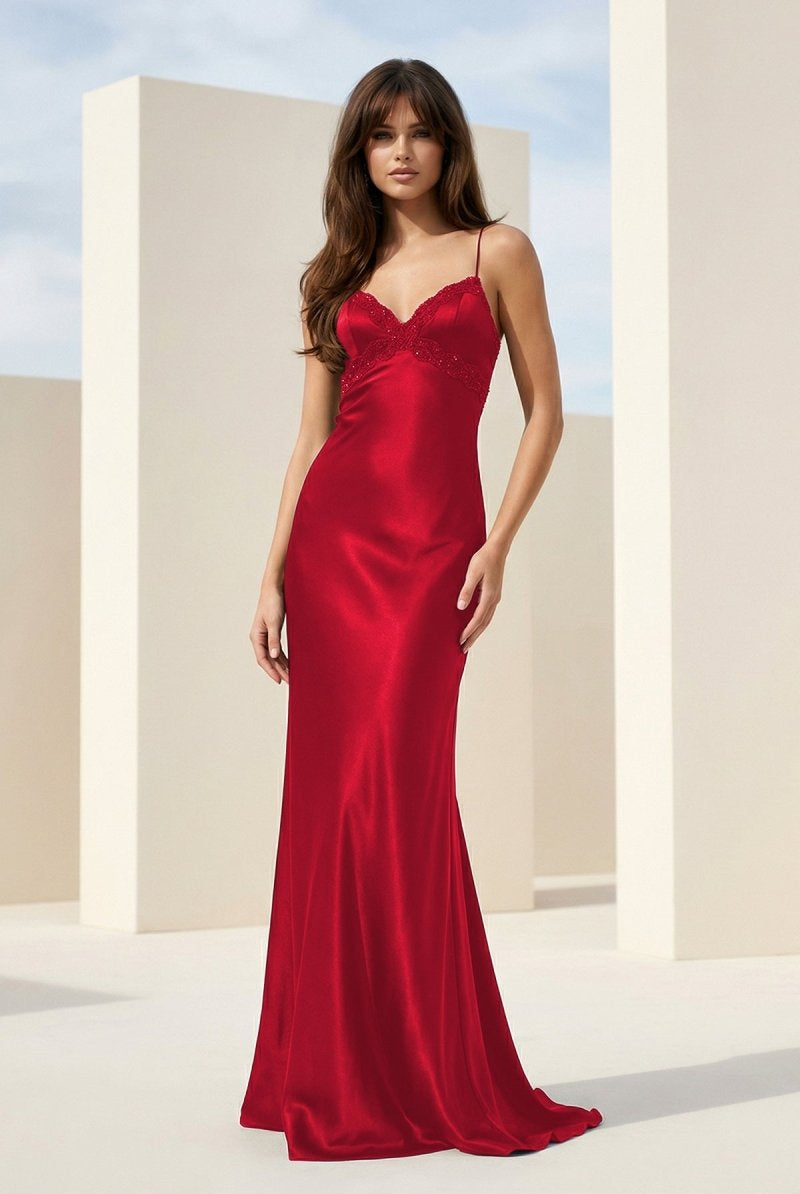 Falisse | Black - Spaghetti Straps Mermaid Satin Backless Prom Dresses With Beading - KissProm