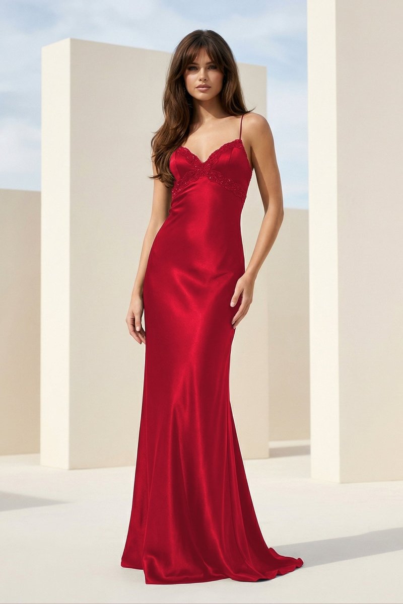 Falisse | Black - Spaghetti Straps Mermaid Satin Backless Prom Dresses With Beading - KissProm