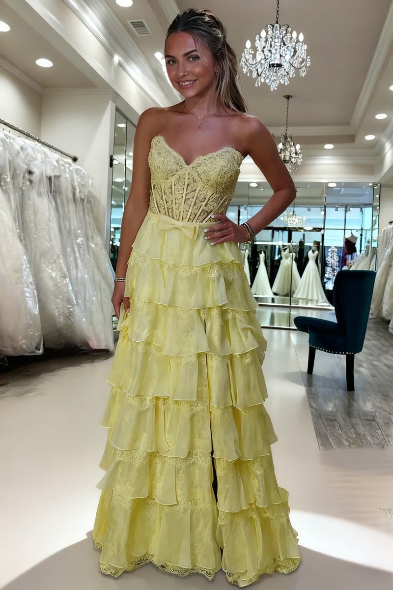 Syrina | Yellow - Strapless A Line Chiffon Tiered Prom Dresses With Bow - KissProm