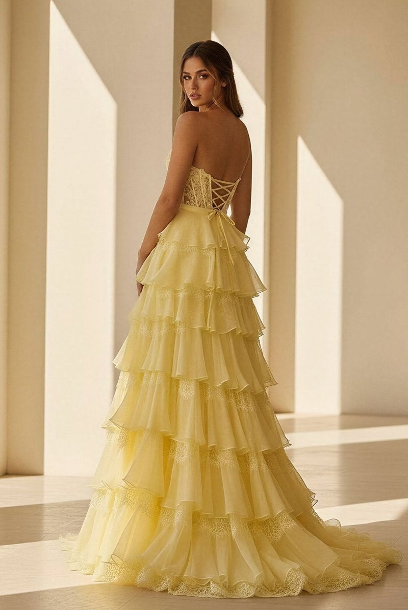 Syrina | Yellow - Strapless A Line Chiffon Tiered Prom Dresses With Bow - KissProm