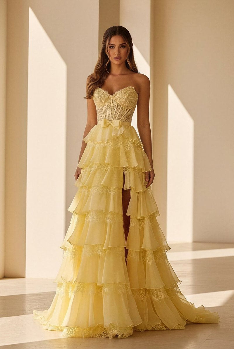 Syrina | Yellow - Strapless A Line Chiffon Tiered Prom Dresses With Bow - KissProm