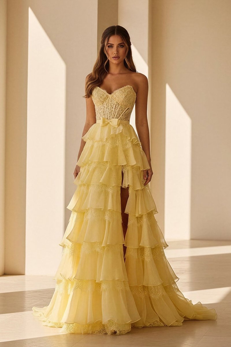 Syrina | Yellow - Strapless A Line Chiffon Tiered Prom Dresses With Bow - KissProm