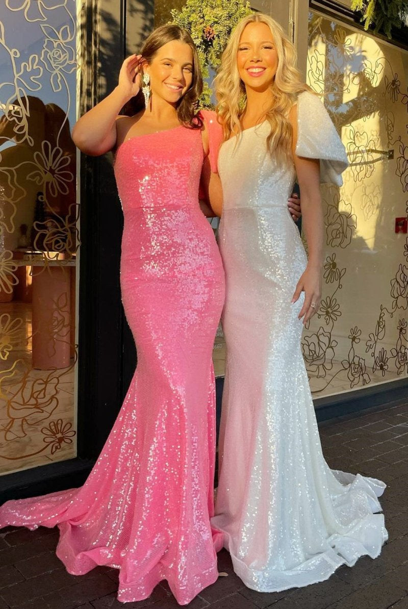 Fauna | Neon Pink Sequin One - Shoulder Bow Strap Trumpet Long Prom Dress - KissProm