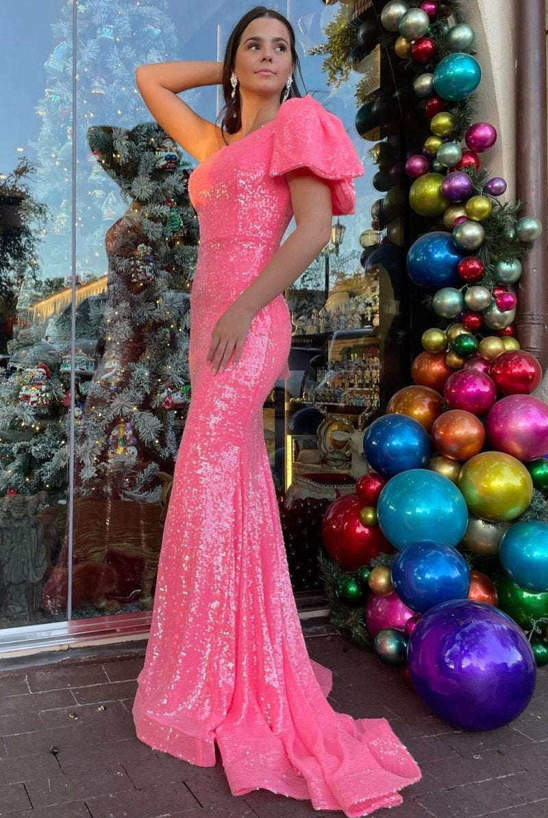 Fauna | Neon Pink Sequin One - Shoulder Bow Strap Trumpet Long Prom Dress - KissProm