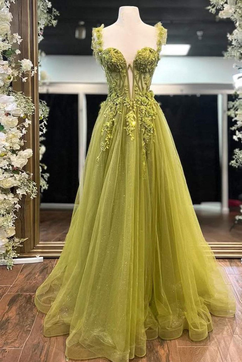 Faylina | A-Line Sage Sweetheart Tulle Long Prom Dresses with Lace Appliques