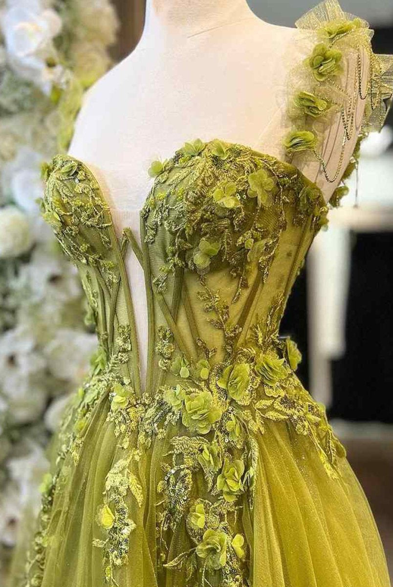 Faylina | A-Line Sage Sweetheart Tulle Long Prom Dresses with Lace Appliques