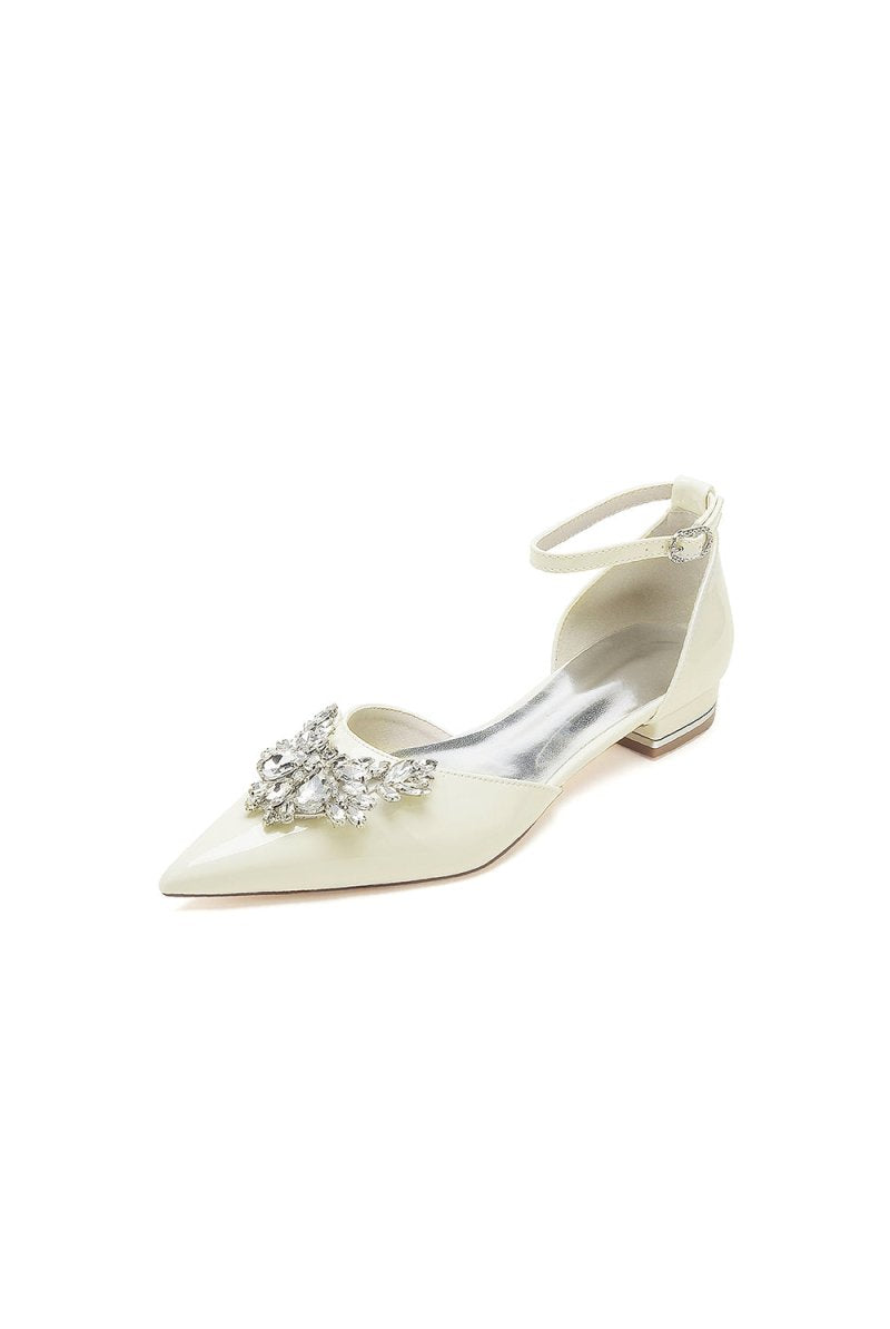 Pointed Toe Patent Leather Flats with Crystal Embellishment - KissProm