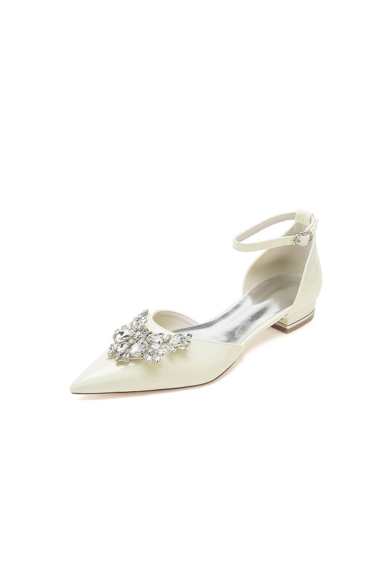 Pointed Toe Patent Leather Flats with Crystal Embellishment - KissProm