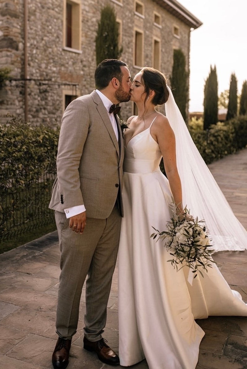 Elegant A Line V Neck Straps Satin Wedding Dresses