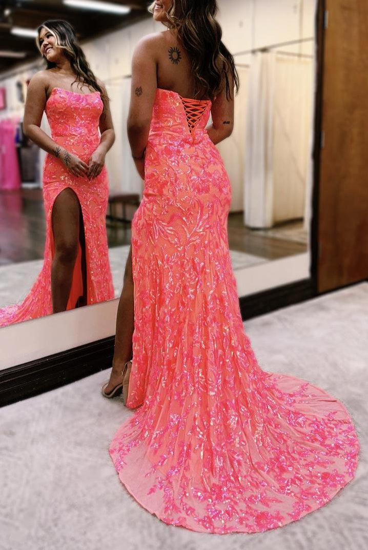 Fuchsia Strapless Sequins Lace Mermaid Prom Dresses with Slit