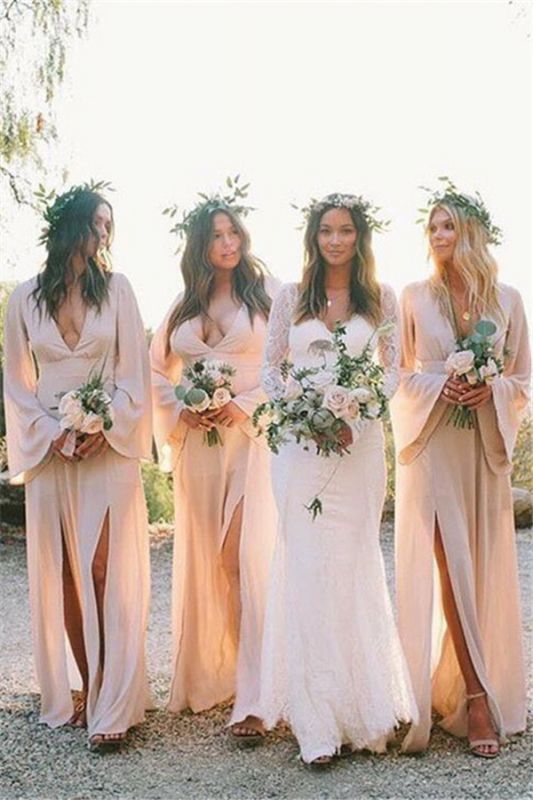 Boho A - Line Deep V Neck Long Sleeves Light Bridesmaid Dresses - KissProm