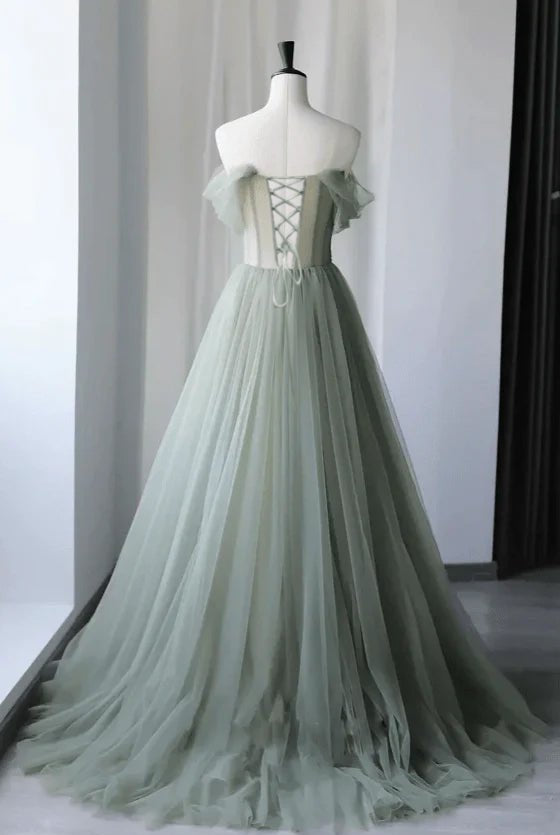 Drusilla | Princess Off the Shoulder Embroidering Tulle Sage Ball Gown