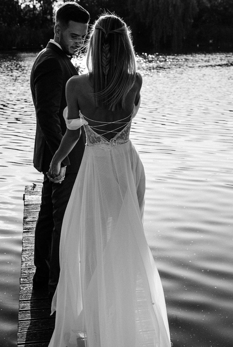 Orlanda | A-Line Lace White Lace-Up Off-the-Shoulder Wedding Dress with Slit