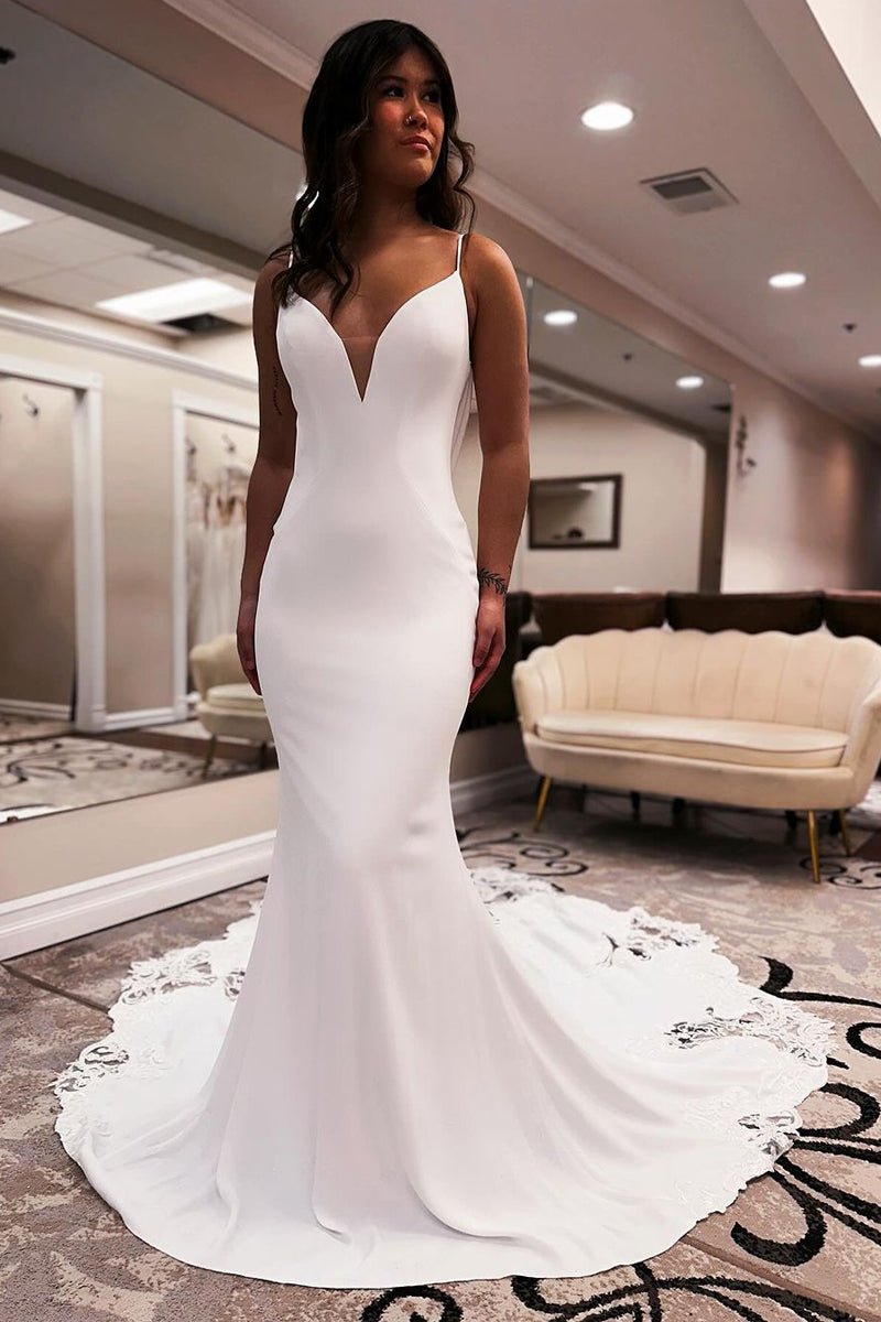 Unique Mermaid V Neck Satin Wedding Dress with Appliques - KissProm