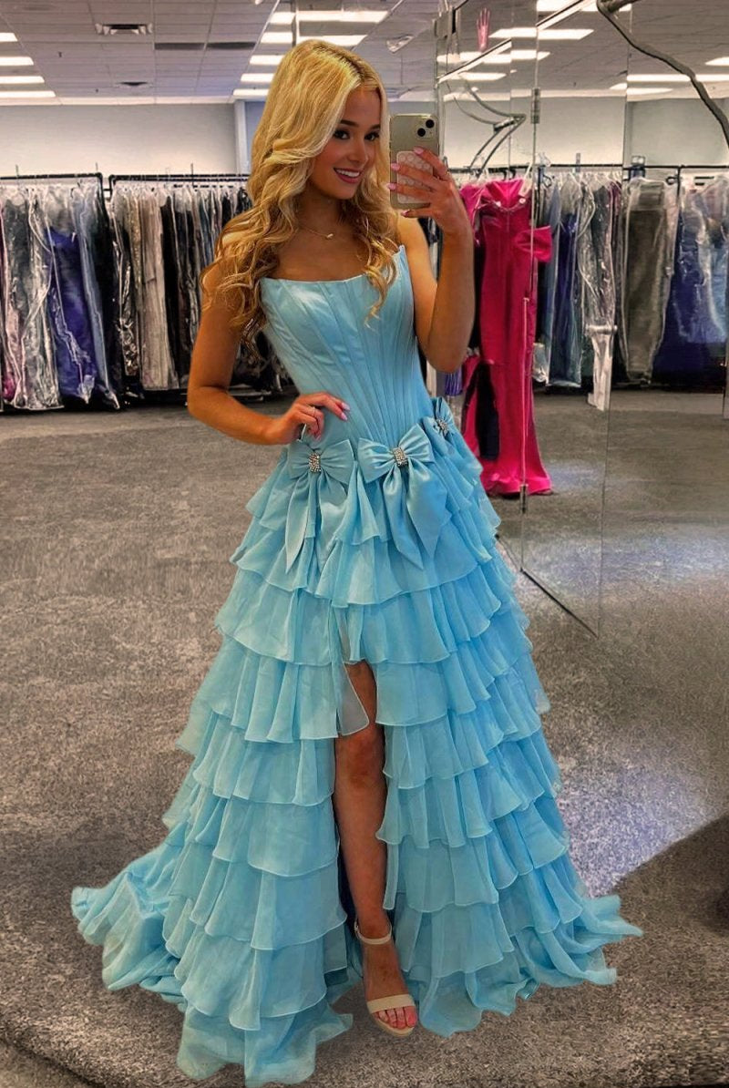 Felice | Blue - Scoop Neck A Line Chiffon Tiered Prom Dresses With Bowknot - KissProm