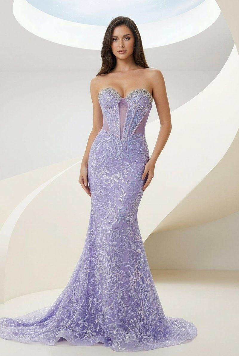 Feloria | Lilac Strapless Mermaid Sequined Lace Formal Prom Dresses With Beading - KissProm