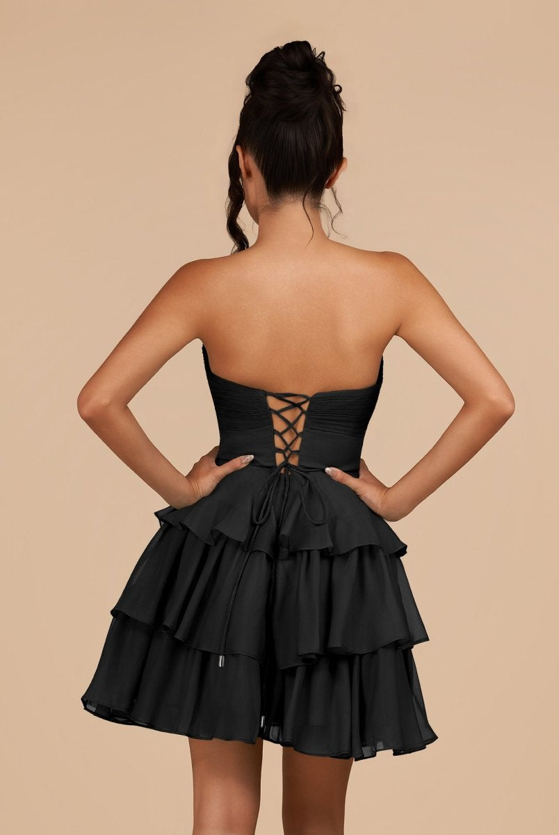 Fenara | Black - Strapless A Line Chiffon Ruffles Homecoming Dresses With Flower - KissProm