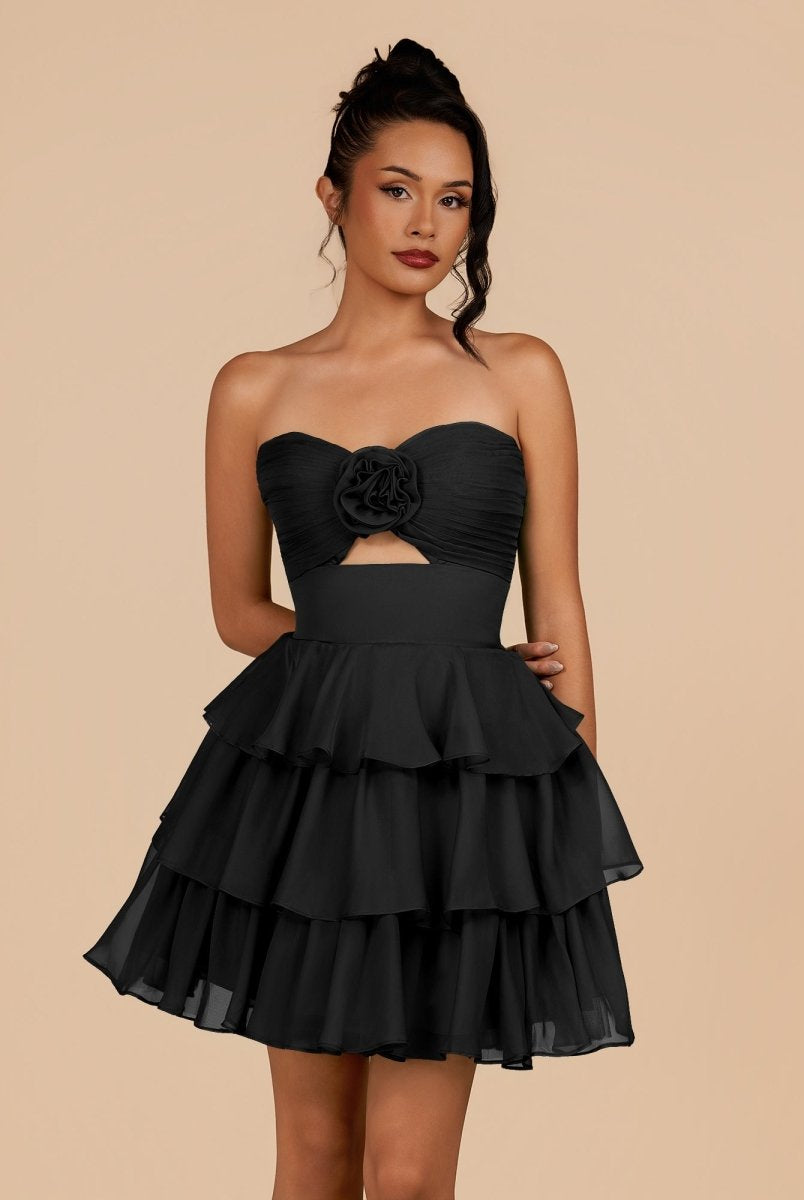 Fenara | Black - Strapless A Line Chiffon Ruffles Homecoming Dresses With Flower - KissProm