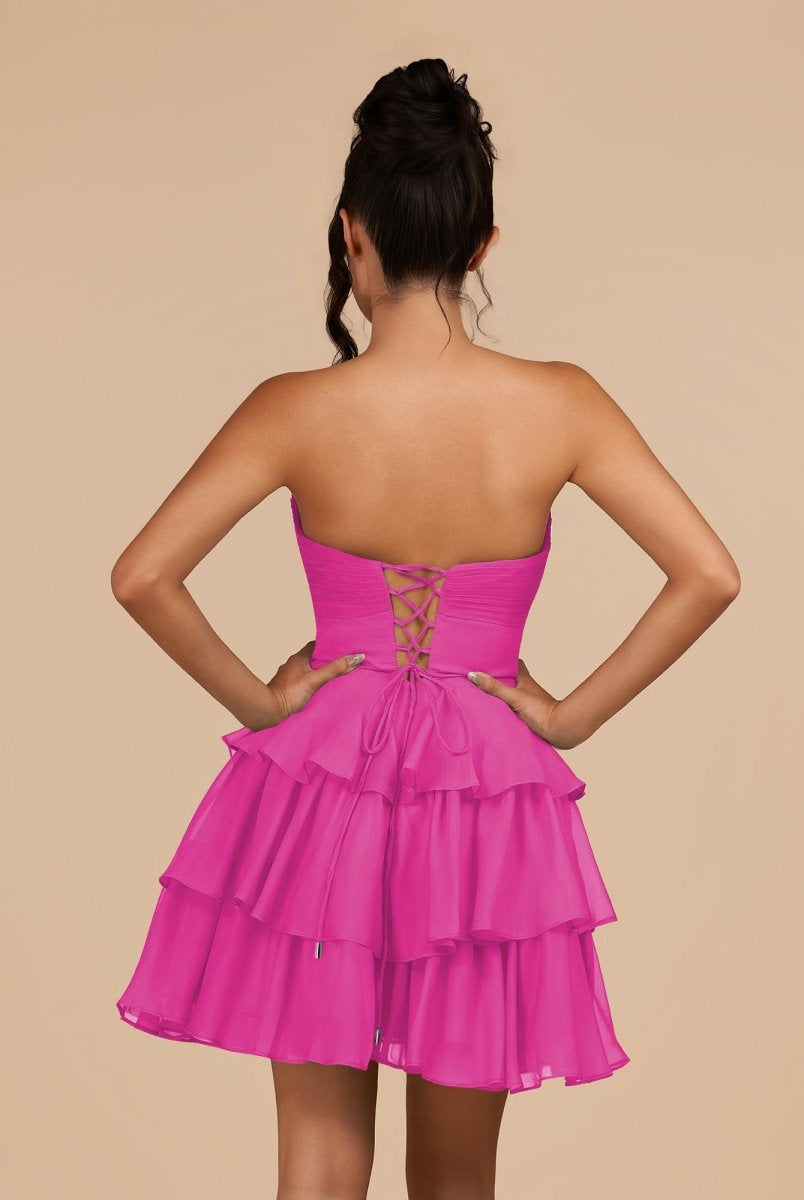 Fenara | Fuchsia - Strapless A Line Chiffon Ruffles Homecoming Dresses With Flower