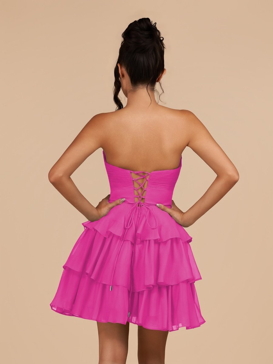 Fenara | Fuchsia - Strapless A Line Chiffon Ruffles Homecoming Dresses With Flower