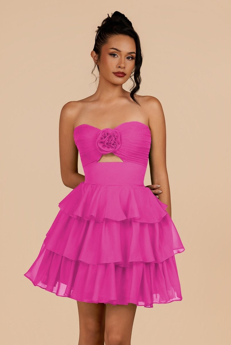 Fenara | Fuchsia - Strapless A Line Chiffon Ruffles Homecoming Dresses With Flower