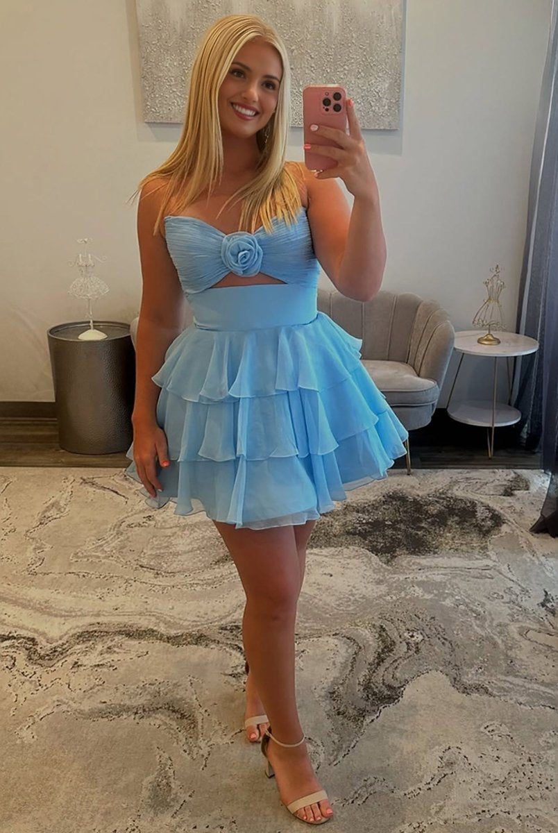 Fenara | Blue - Strapless A Line Chiffon Ruffles Homecoming Dresses With Flower