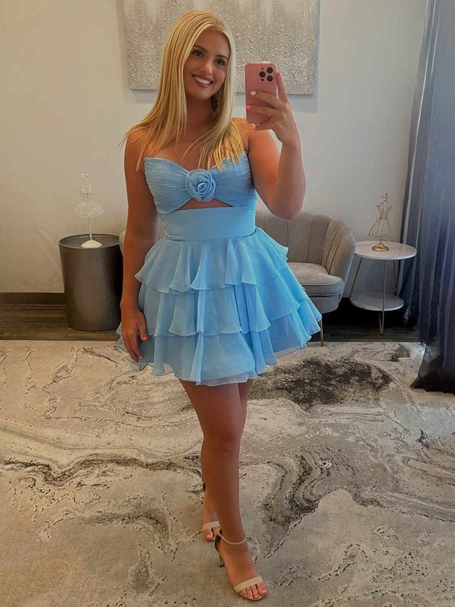 Fenara | Blue - Strapless A Line Chiffon Ruffles Homecoming Dresses With Flower