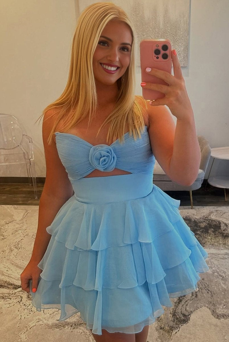 Fenara | Blue - Strapless A Line Chiffon Ruffles Homecoming Dresses With Flower