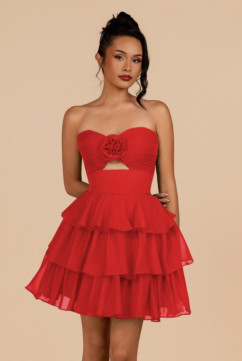 Fenara | Red - Strapless A Line Chiffon Ruffles Homecoming Dresses With Flower - KissProm